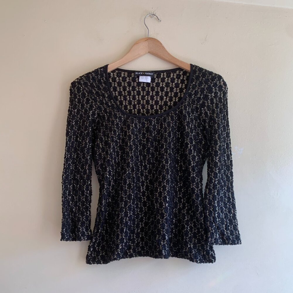 VTG 90s Black and Gold Textured Scoop Neck Blouse Size M 3/4 Length Sleeves